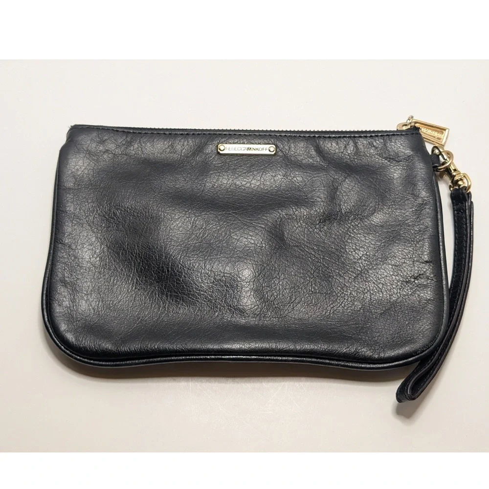 Rebecca Minkoff MAC Wristlet Clutch Black Leather Gold Hardware Polka Dot Lining